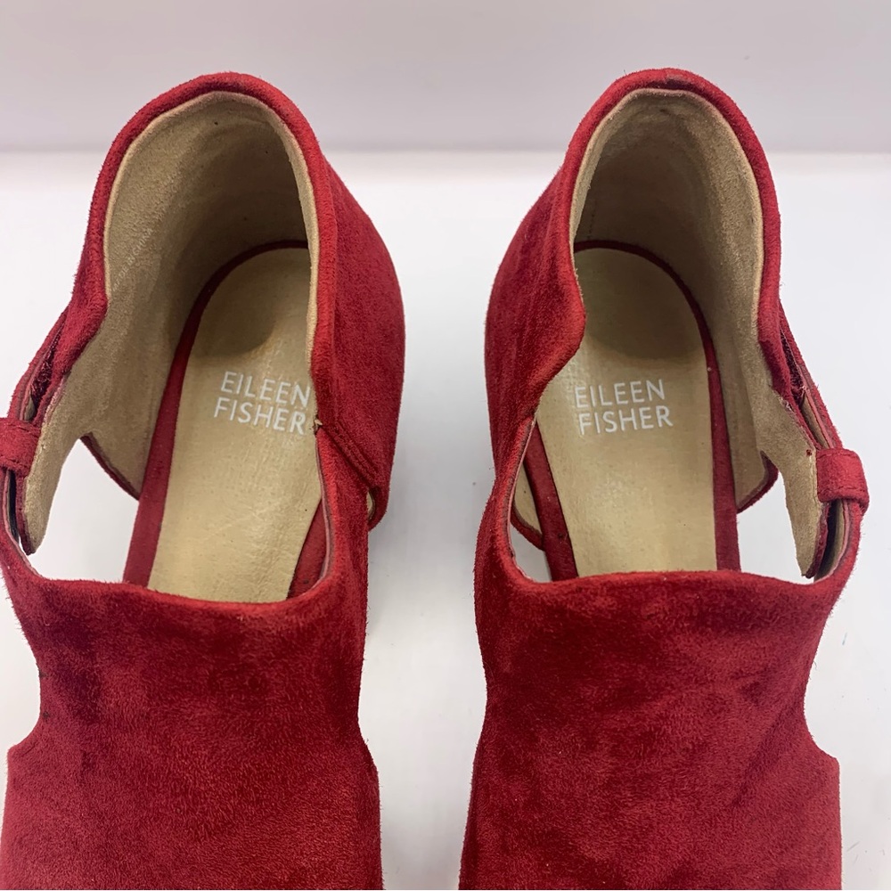 Eileen fisher open toe wedge sandals suede leather ankle strap red size 7.5M Red - Picture 9 of 10